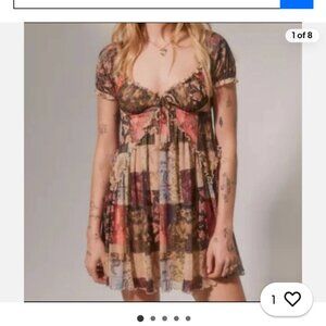 Urban Outfitters Woman's Sammy Sparkle Brown Patchwork Baby Doll Dress Sz SP